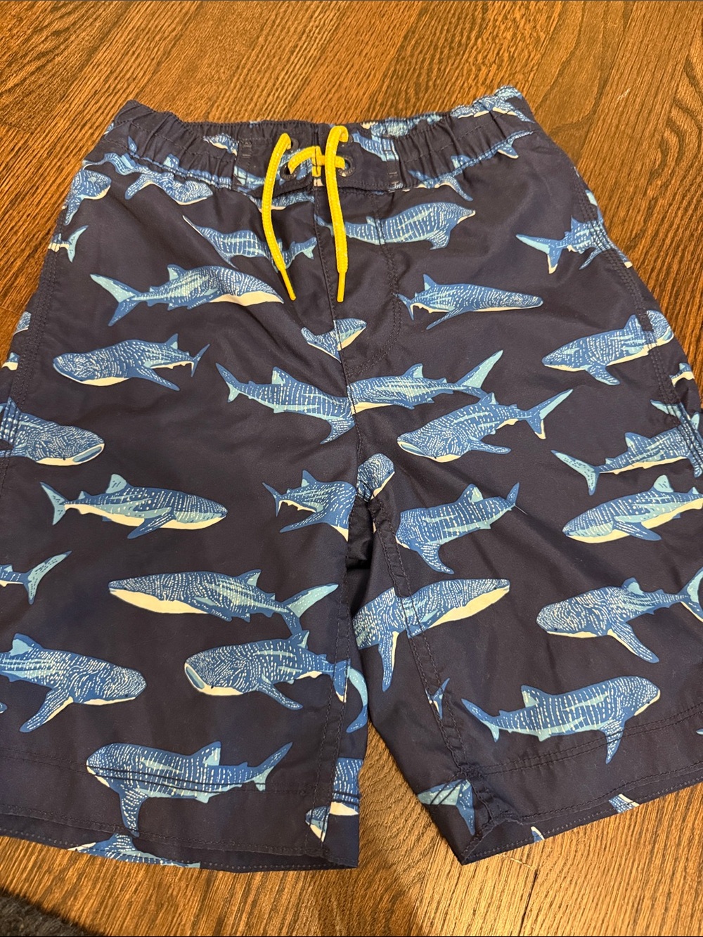 GAP Boys Navy Blue Shark Print Swim Trunks with Yellow Drawstring